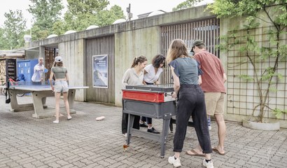 Zwei Gruppen von jungen Erwachsenen spielen Tischfussbal und PingPong auf dem Camping Eichholz